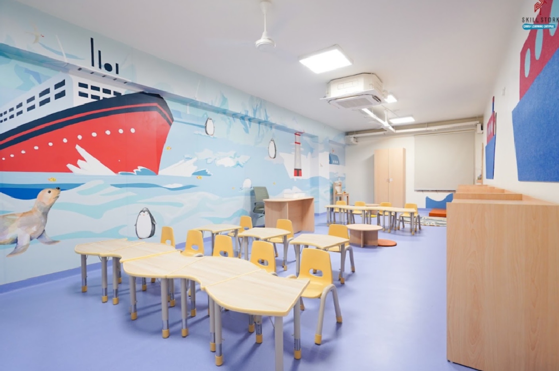 An immersive themed classroom mural at Skill Stork ELC