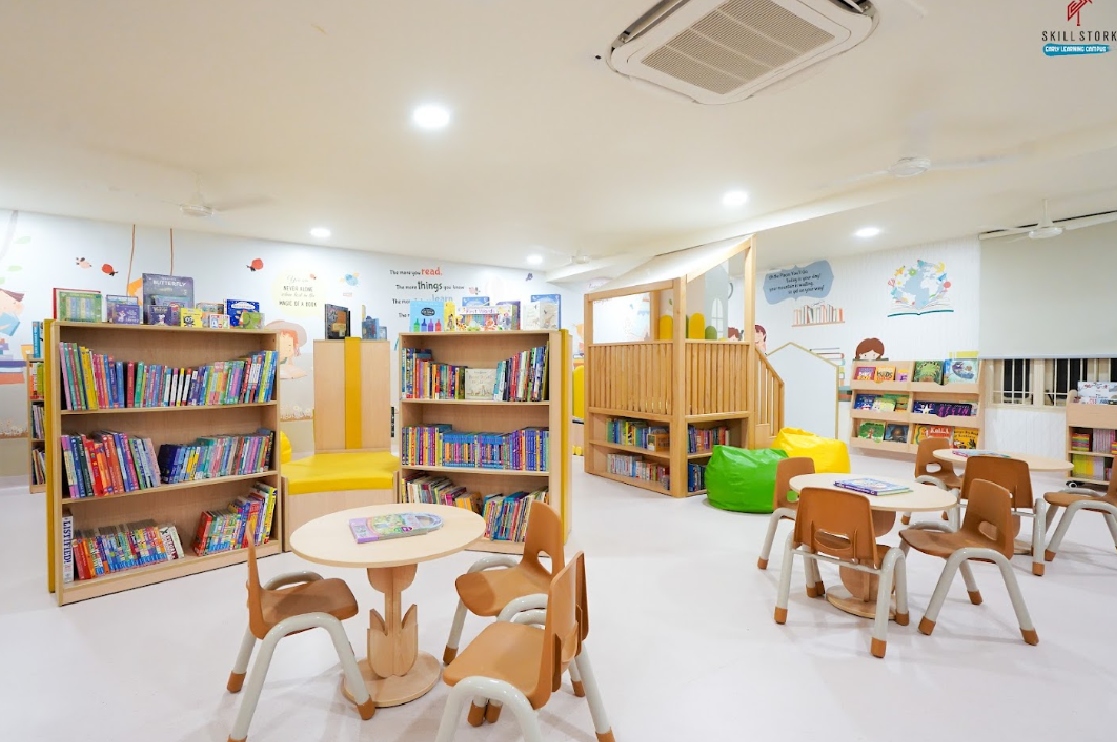 A children’s library and reading corner at Skill Stork ELC